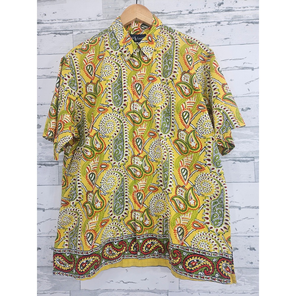 Ralph Lauren Bob Camp Mens Medium Yellow Paisley Cotton SS Button Shirt